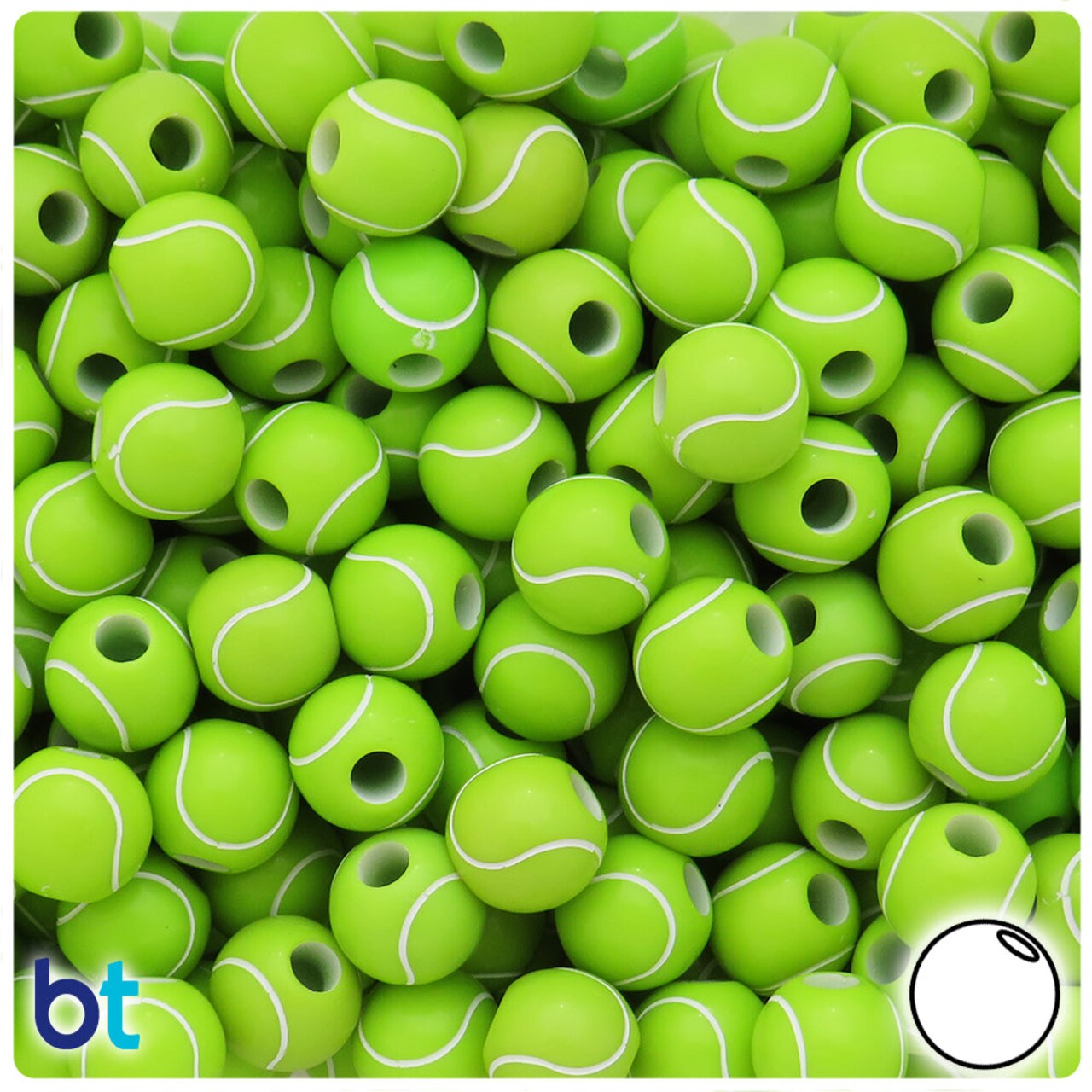 BeadTin Green Opaque 12mm Round Plastic Pony Beads - White Tennis Ball Design (48pcs)